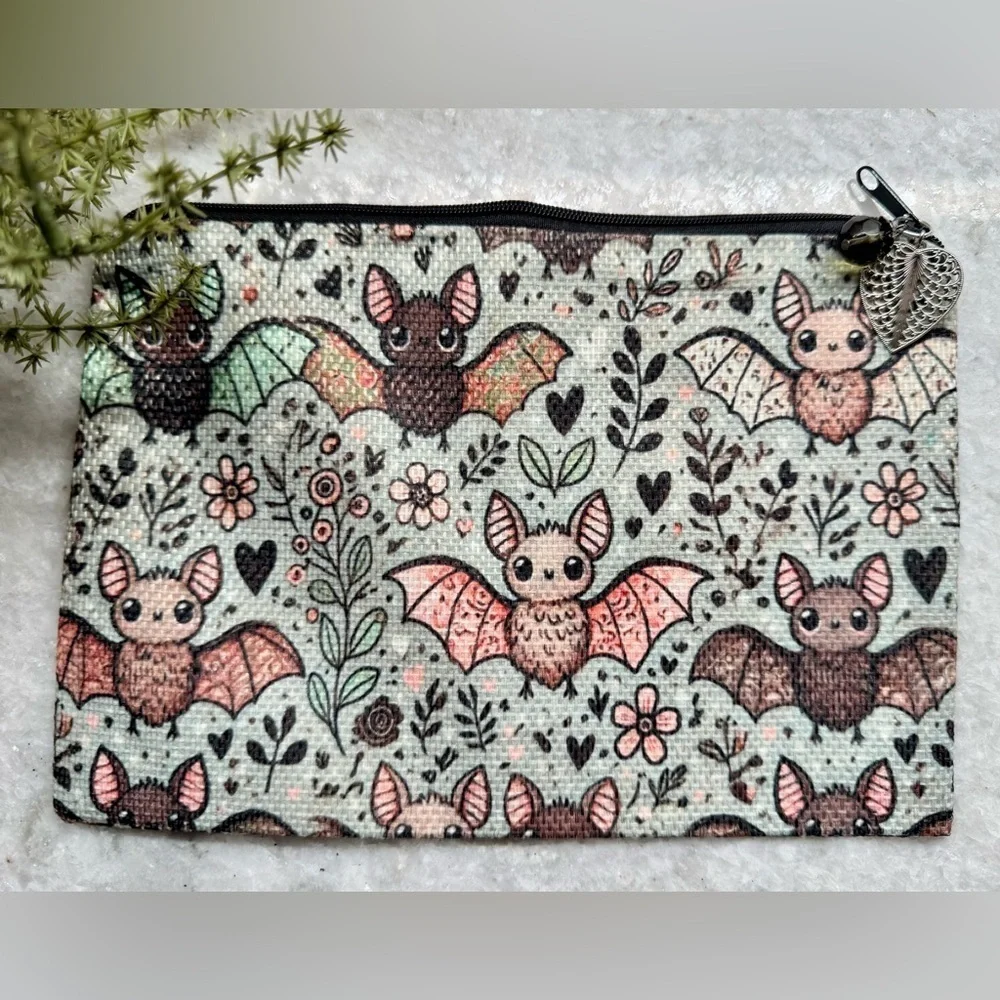 New Halloween Bats Flowers Hearts Makeup Cosmetic Tech Pencil Bag w/ Charm 8.75